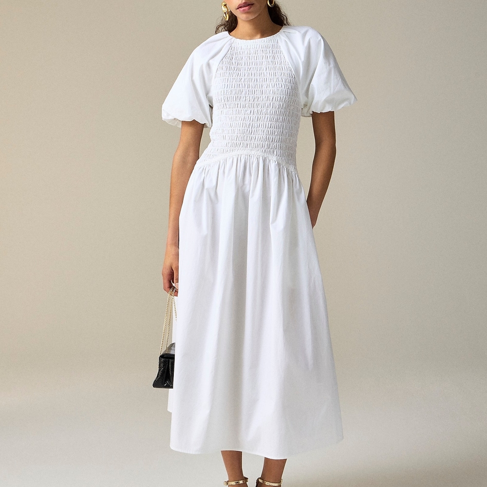 J. Crew White Smocked Midi Sundress Puff Sleeves